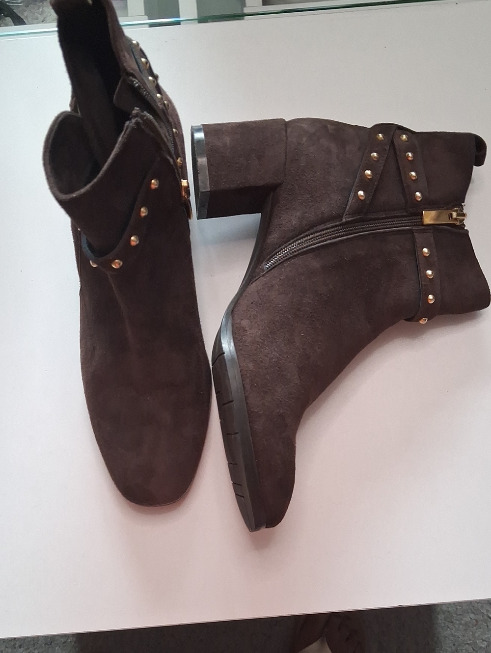 Women's Dark Brown Suede Studded Ankle Booties with Side Zip